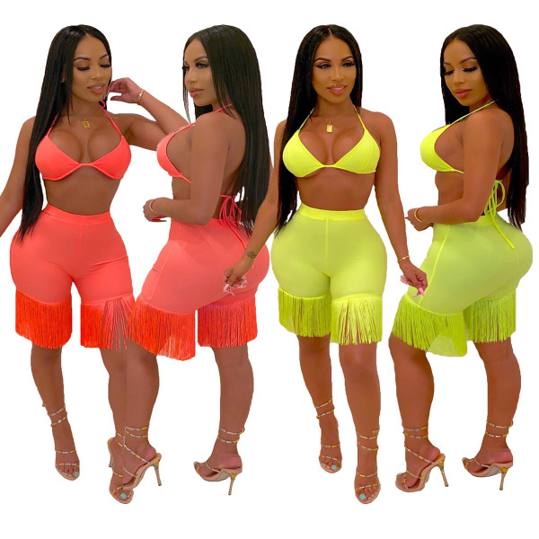 Club Pure Color Sexy Outfits Bandage Bra Top Tassel Shorts JH113