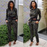 Army Green Zip Coat Elastic Waist Pants Sets SMD6649