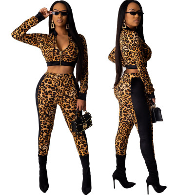 Zipper Crop Coat Pencil Pants Solid Color Patchwork Lady Sets ML7279