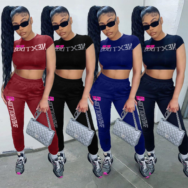 Casual Letter Printed Round Neck Waistless Top Trousers Two Pieces Sets ALS198