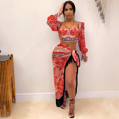 National style long sleeve tube top short sexy blouse retro print tassel skirt two-piece CCY8648