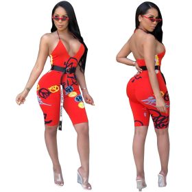 Cheap Printing Condole Belt V Neck Bodycon Jumpsuit ORY5050