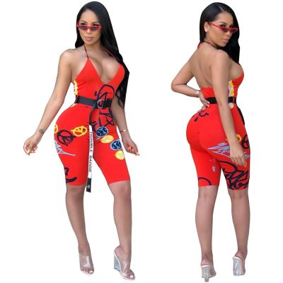 Cheap Printing Condole Belt V Neck Bodycon Jumpsuit ORY5050