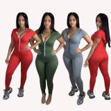 Sexy V-neck short-sleeved hooded solid color jumpsuit N9223