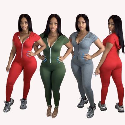 Sexy V-neck short-sleeved hooded solid color jumpsuit N9223
