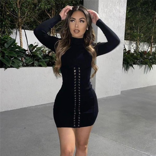 Fall/winter women's round neck long-sleeved strap slim dress women D1738032