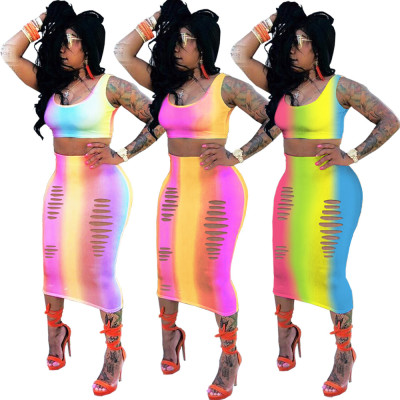 Cheap Bodycon Colorful Skirt Suits Tank Top Hollow Out Dress GL6026