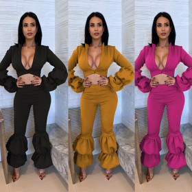 Solid Two Pieces Sets Crop Tops Flare Pants MR163