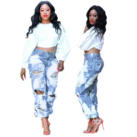 Fashion nostalgic white double color before and after the hole without elastic straight pants HSF208