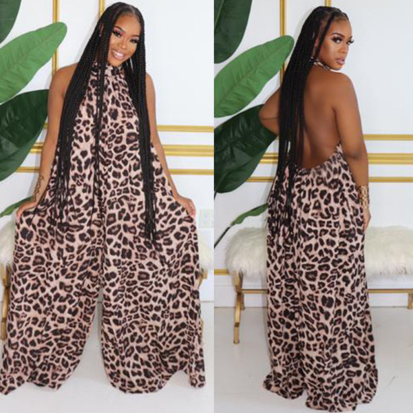Sexy leopard halter sleeveless wide-leg pants jumpsuit nightclub service K2033