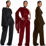 Zipper Plain Color Corduroy Single Shoulder Wide Leg Jumpsuit MDF5098