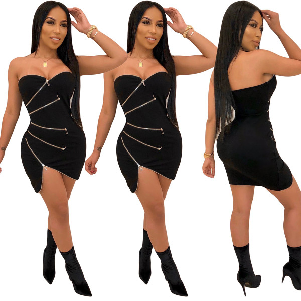 New Design Zipper Bodycon Irregular Sexy Strapless Dress YY5142