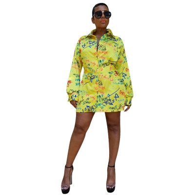 New Design Women Letters Printing Long Sleeves Shirt Dress LM028