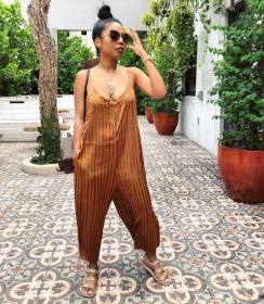 Hot Sale Loose Stripe Condole Belt Wide Leg Jumpsuit HM5153