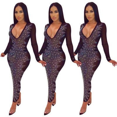 Club Bodycon Mesh V Neck Long Dress With Diamond Q177