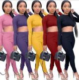 Womens clothing solid color pit striped cloth with exposed waist sports casual suit DN8517