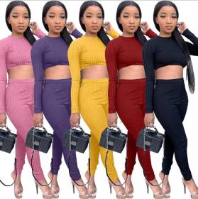 Womens clothing solid color pit striped cloth with exposed waist sports casual suit DN8517