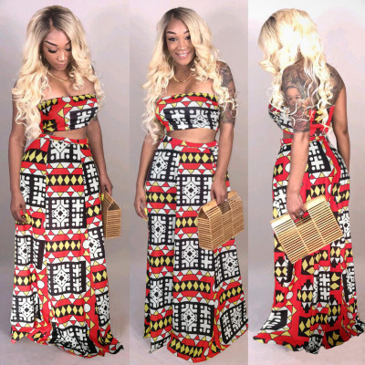 Strapless Printing Sleeveless Cop Tops+Long Skirt 2 Pcs Sets HM5163
