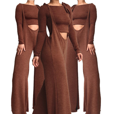 Hot Solid Suits Long Sleeves Bodycon Top Strappy Loose Pants DN8288