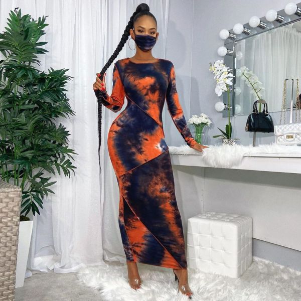 Fashion Tie Dye Round Neck Long Sleeves Stitching Bodycon Midi Dress YS411