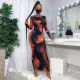 Fashion Tie Dye Round Neck Long Sleeves Stitching Bodycon Midi Dress YS411