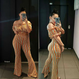 Casual Dew Shoulder Top Stripe Wide Leg Trousers L0260