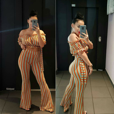 Casual Dew Shoulder Top Stripe Wide Leg Trousers L0260