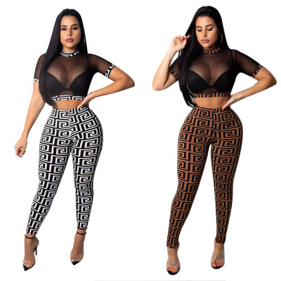 Mesh Crop Tops + Print Leggings Two Pieces Sets YZ1565