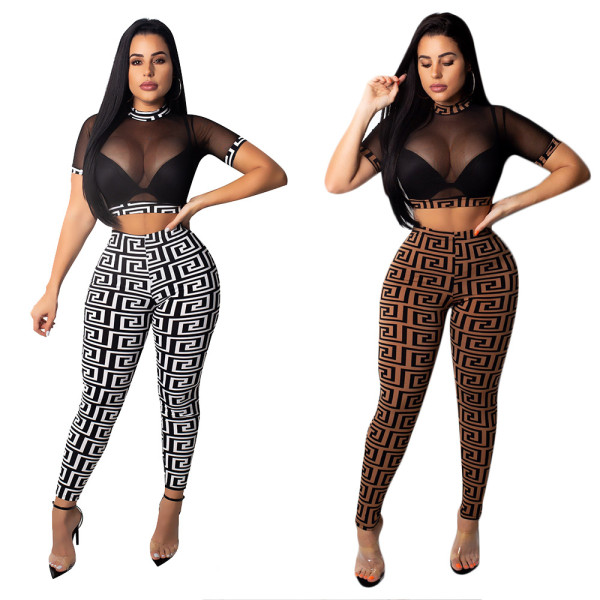 Mesh Crop Tops + Print Leggings Two Pieces Sets YZ1565