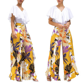 Online Sale Casual Clothing Ruffle Printing Wide Leg Pants E8120