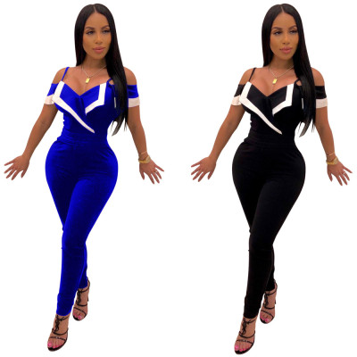 Office Ladies Blue/Black Spaghetti Strap Tight Jumpsuit ZH5107