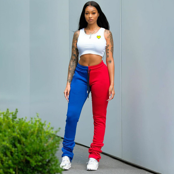 Stitching color casual trousers sports fitness pants women P072495A