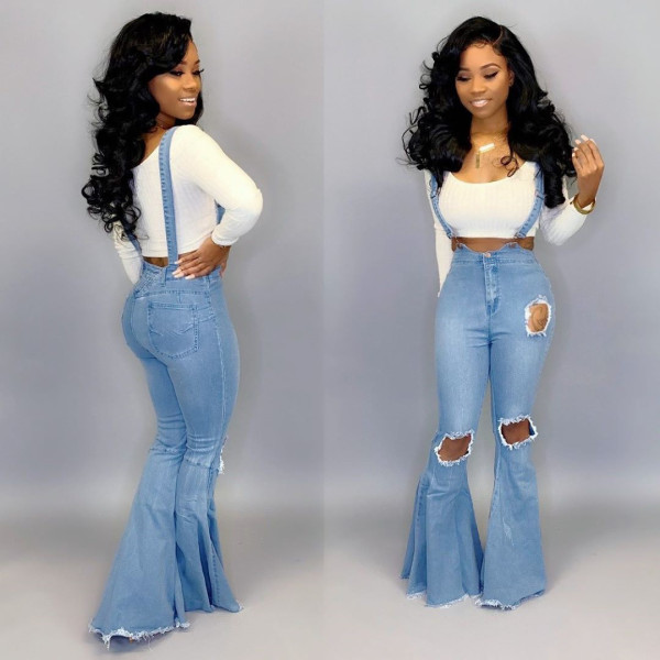 Joker wide leg Knee hole denim micro horn bib HSF2093