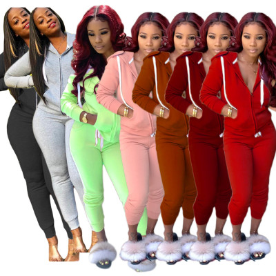 Winter Pure Color Sport Suits Hooded Top Skinny Pants AMM8075