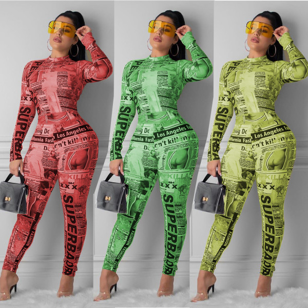 New Design Long Sleeves Printing Bodycon Ladies Jumpsuit SM9049