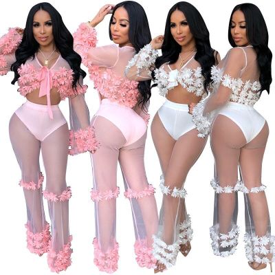 Sexy Perspective Flower Mesh Pants Suits For Ladies F8212