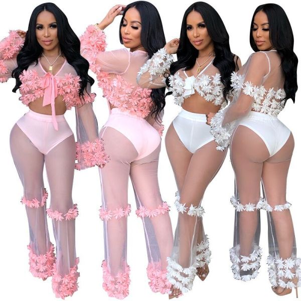 Sexy Perspective Flower Mesh Pants Suits For Ladies F8212