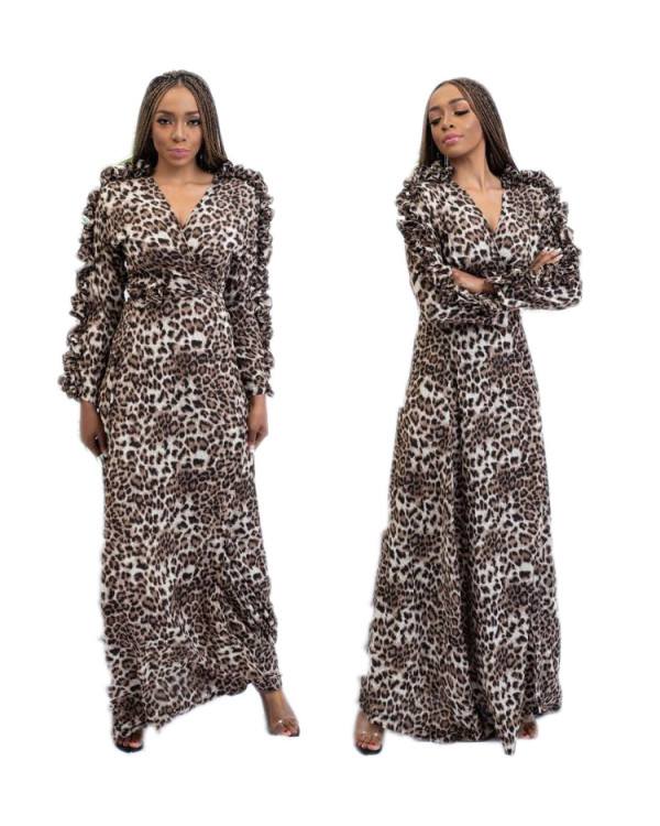 Fashion Ruffle Leopard Printed V Neck Women Long Dress MTY6220