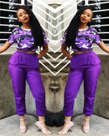 Trendy Women Suits Camouflage T-Shirt Elastic Waist Pants HM5209