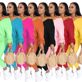 Sexy Solid Color V-Neck Long Sleeves Mini Top With Trousers Plus Size Two Piece Set LML128