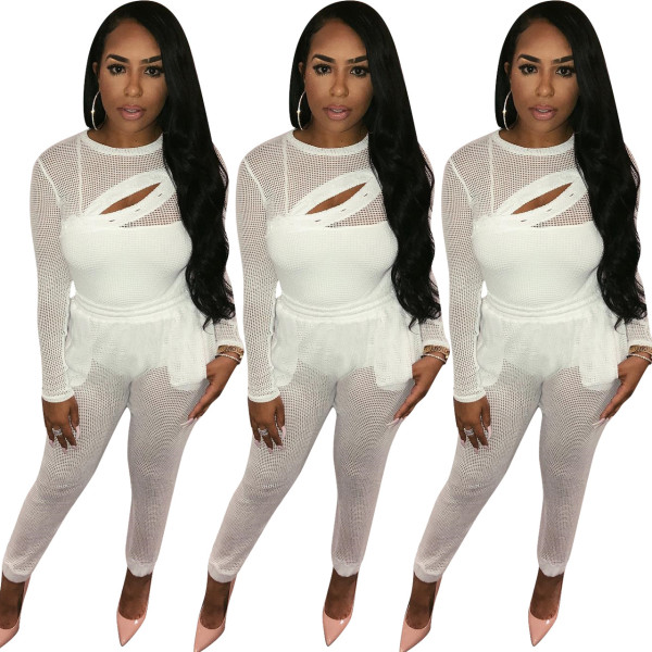 White Mesh See Through Pants Sets ED8046