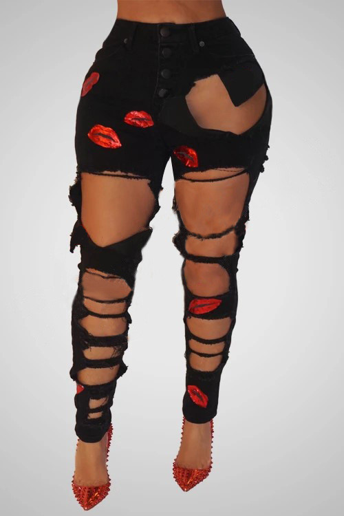 Black ripped stretch jeans women's lips embroidered jeans CJ914