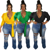 Plus size women's solid color V-neck streamer shirt MA6587