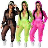Plus Size Sexy See Through Hooded Mesh Jumpsuit SDD9137