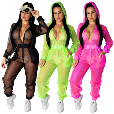 Plus Size Sexy See Through Hooded Mesh Jumpsuit SDD9137