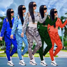 Fashion Printed Hollow Out Round Neck Long Sleeves Cropped Top With Trousers Yoga Two Piece Set YS42