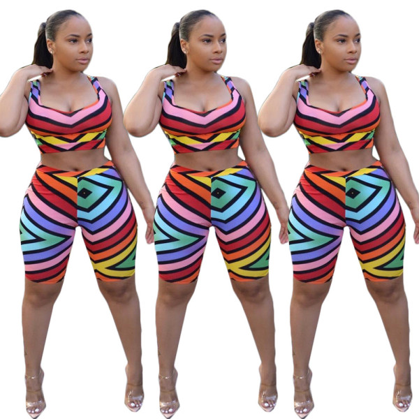 Trendy Casual Bodycon Stripe Suits Tank Top Half Pants ARM8060