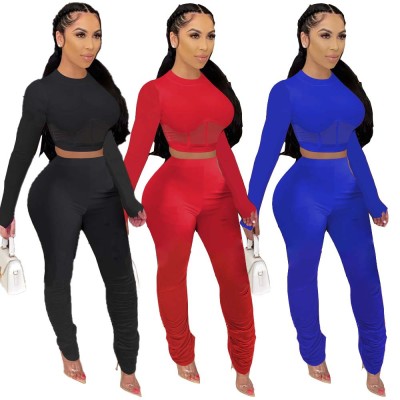 Women's fashion net yarn stitching exposed umbilical trousers pleated leisure two-piece suit WJ5106