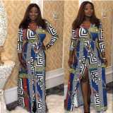 Casual Hot Printing V Collar Split Maxi Dress R6128