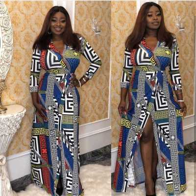 Casual Hot Printing V Collar Split Maxi Dress R6128